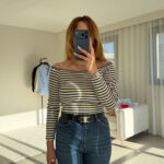 Kayık Yaka Beyaz Basic Çizgili Triko