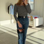 Kayık Yaka Siyah Basic Çizgili Triko