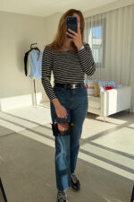 Kayık Yaka Siyah Basic Çizgili Triko